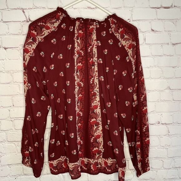 Lucky Brand Womens Medium M Maroon Floral Bishop Sleeve Peasant‎ Boho Blouse Top - Picture 8 of 11